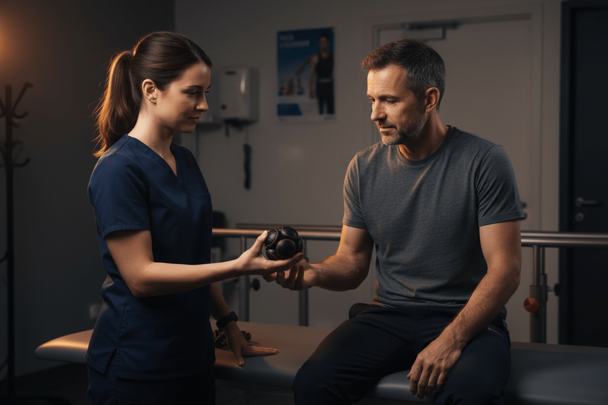 NeuroBall™ 5,5 cm balle de réflexes multi-sphères utilisée en rééducation sportive par un kinésithérapeute avec son patient, coordination et proprioception