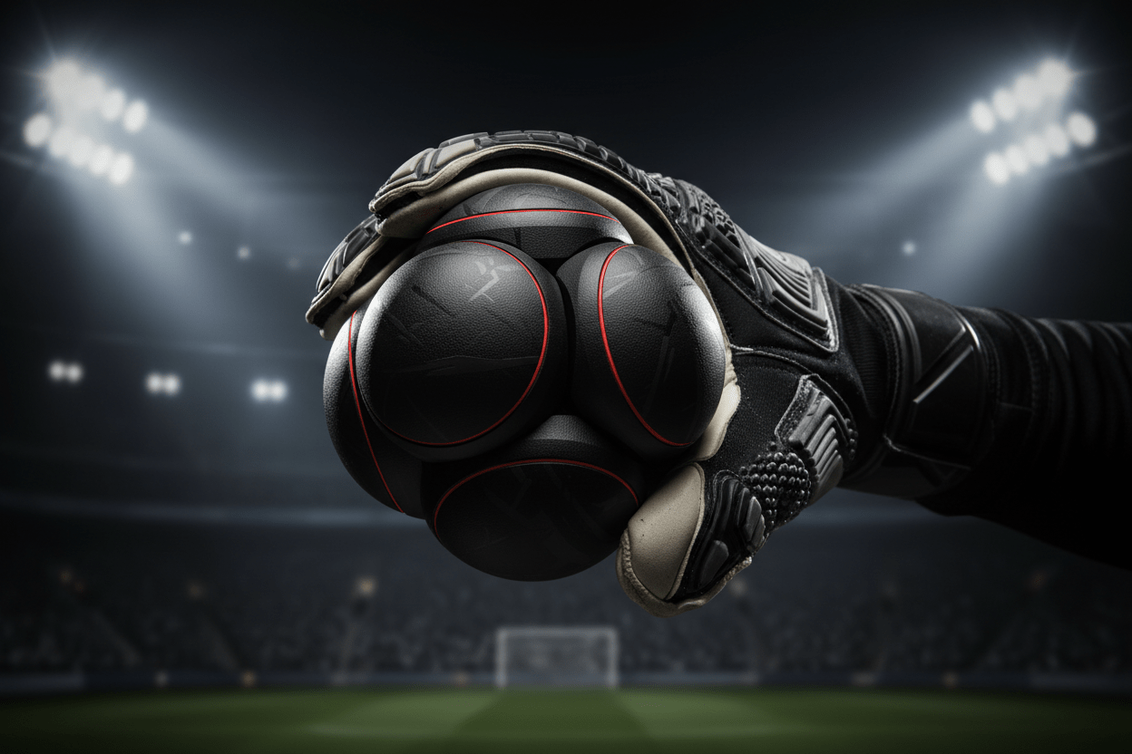 NeuroBall™ balle de réflexes multi-sphères dans la main d'un gardien de but, entraînement coordination et temps de réaction football