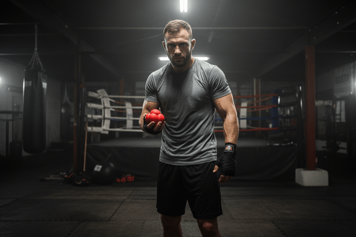 NeuroBall™ 5,5 cm balle de réflexes rouge multi-sphères dans la main d'un combattant MMA, entraînement réflexes esquive et coordination arts martiaux
